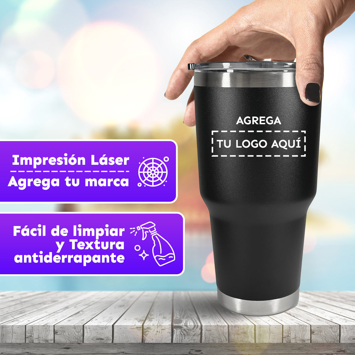 CAJA CON 12 VASOS TÉRMICOS CON TAPA 30 oz